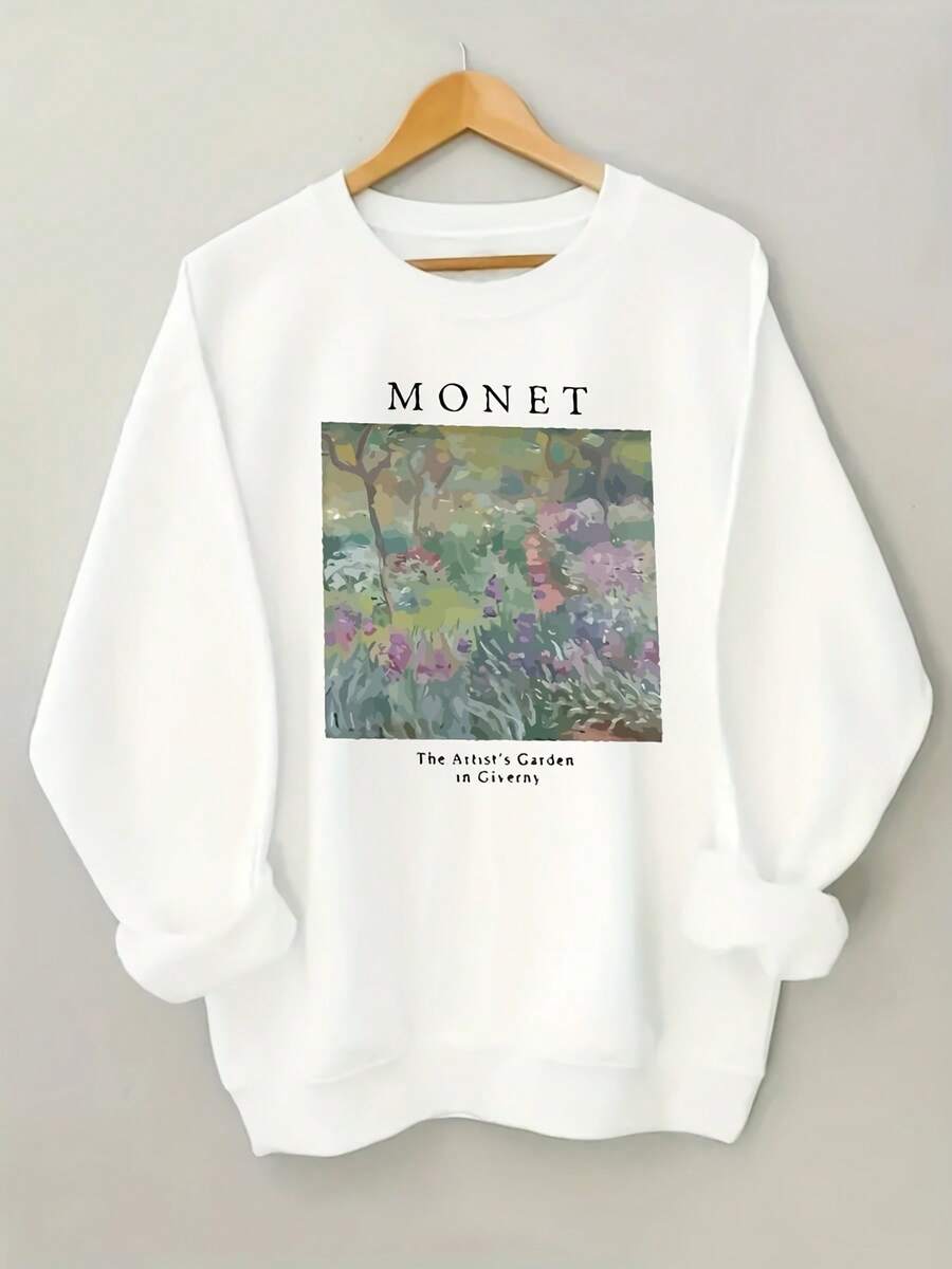 Detail view of Monet-Inspired Soft Beige Sweatshirt: Casual Art-Printed Pullover for All Seasons for everyday styling