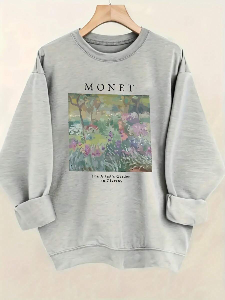 Detail view of Monet-Inspired Soft Beige Sweatshirt: Casual Art-Printed Pullover for All Seasons for everyday styling