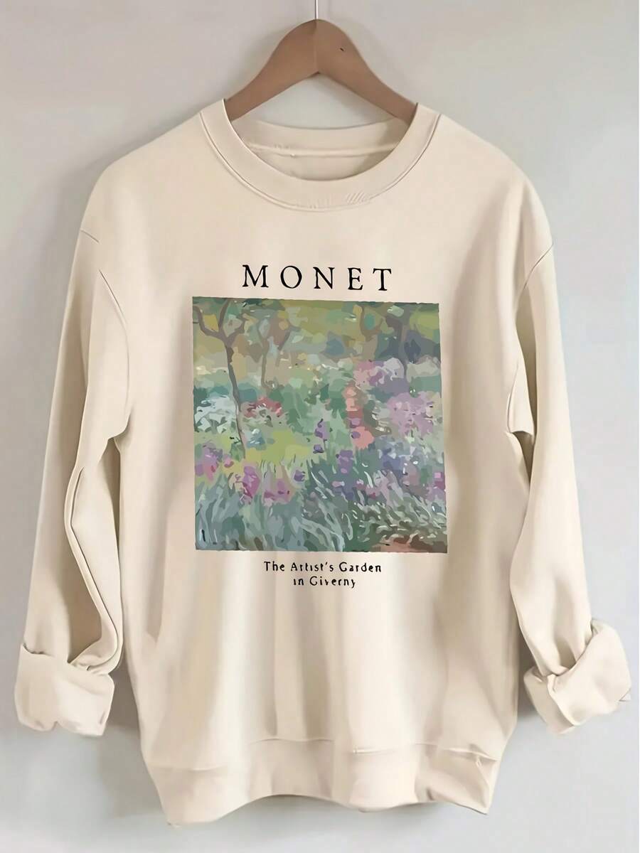 Front view of Monet-Inspired Soft Beige Sweatshirt: Casual Art-Printed Pullover for All Seasons for everyday styling