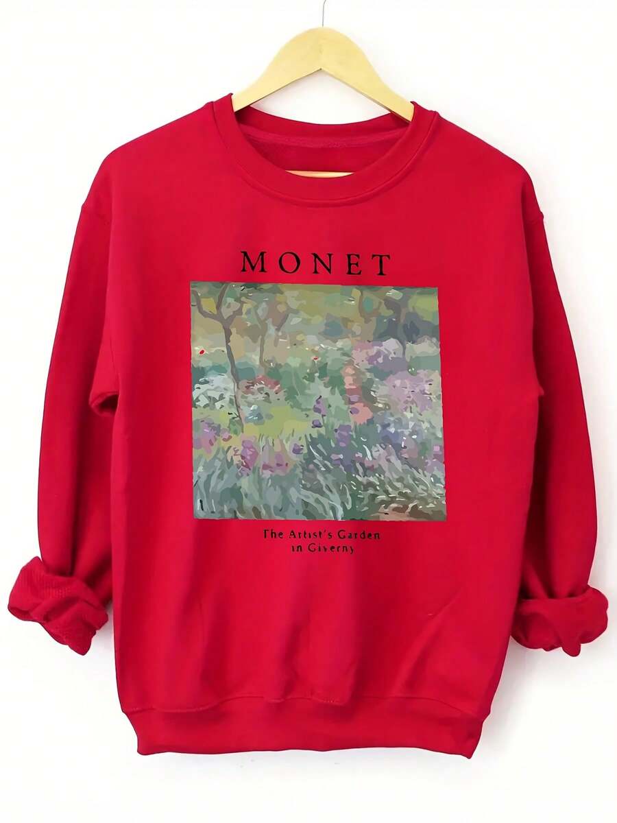 Detail view of Monet-Inspired Soft Beige Sweatshirt: Casual Art-Printed Pullover for All Seasons for everyday styling