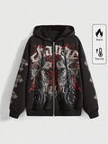 Front view of black hooded zip-up sweatshirt with cross vine graphic