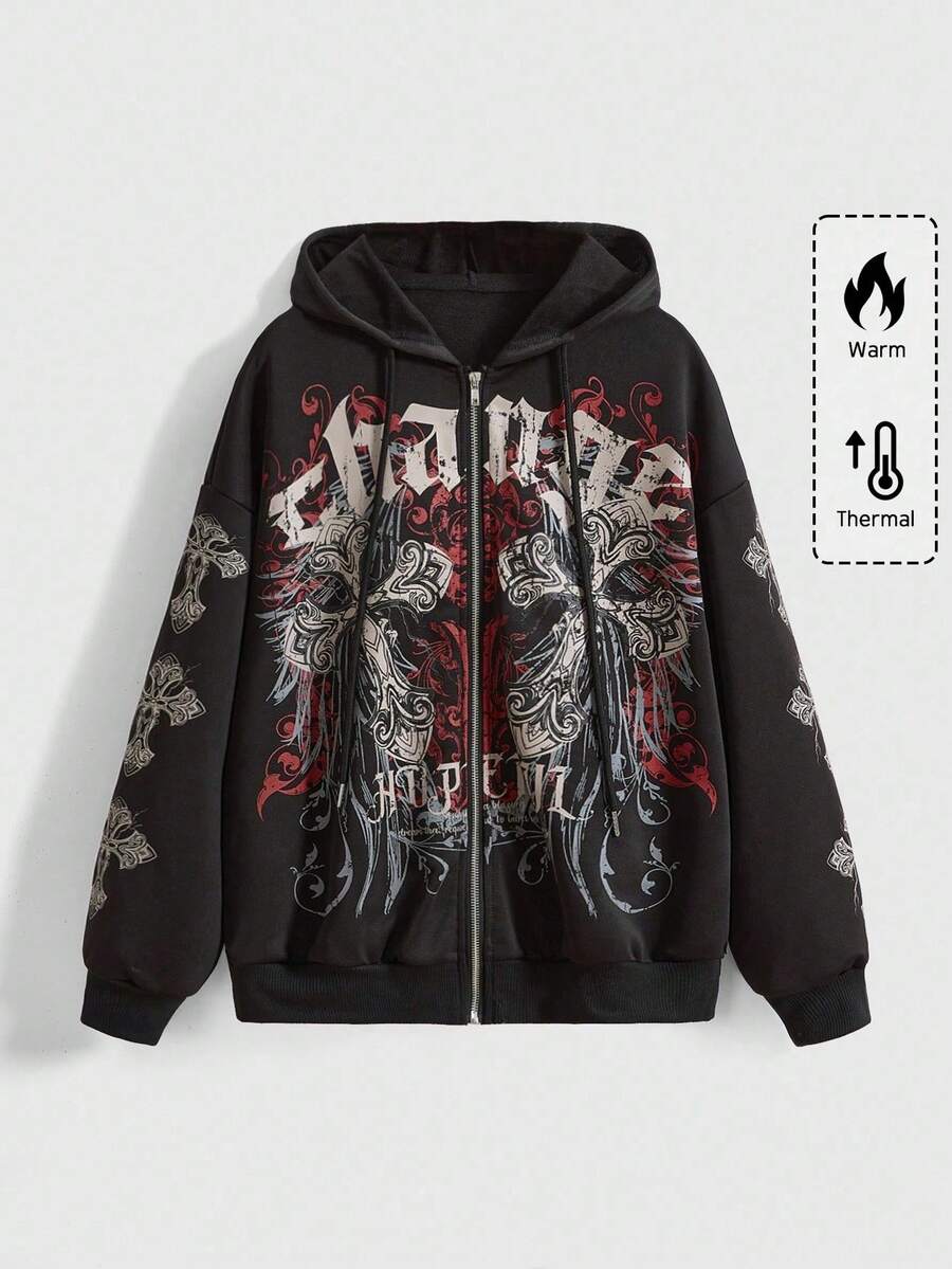 Front view of black hooded zip-up sweatshirt with cross vine graphic