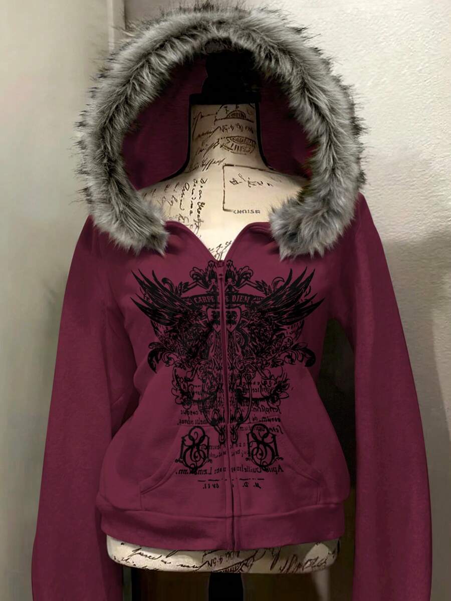 Front view of wine red hooded zip-up jacket with black wing graphic and faux-fur trim