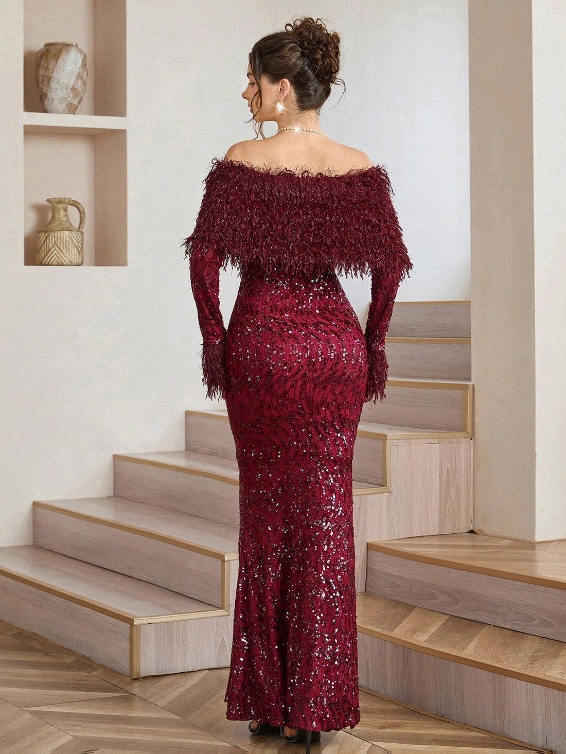 Shimmer into the spotlight with this show-stopping sequin maxi dress that's practically begging for a twirl! The off-shoulder neckline strikes that perfect balance between sultry and sophisticated, while the luxe faux fur collar adds a touch of glamorous drama. Covered in eye-catching sequins from top to bottom, this dress transforms you into a walking disco ball—ideal for holiday parties, New Year's celebrations, or any occasion where you want to steal the show. The flowing maxi silhouette keeps things ele