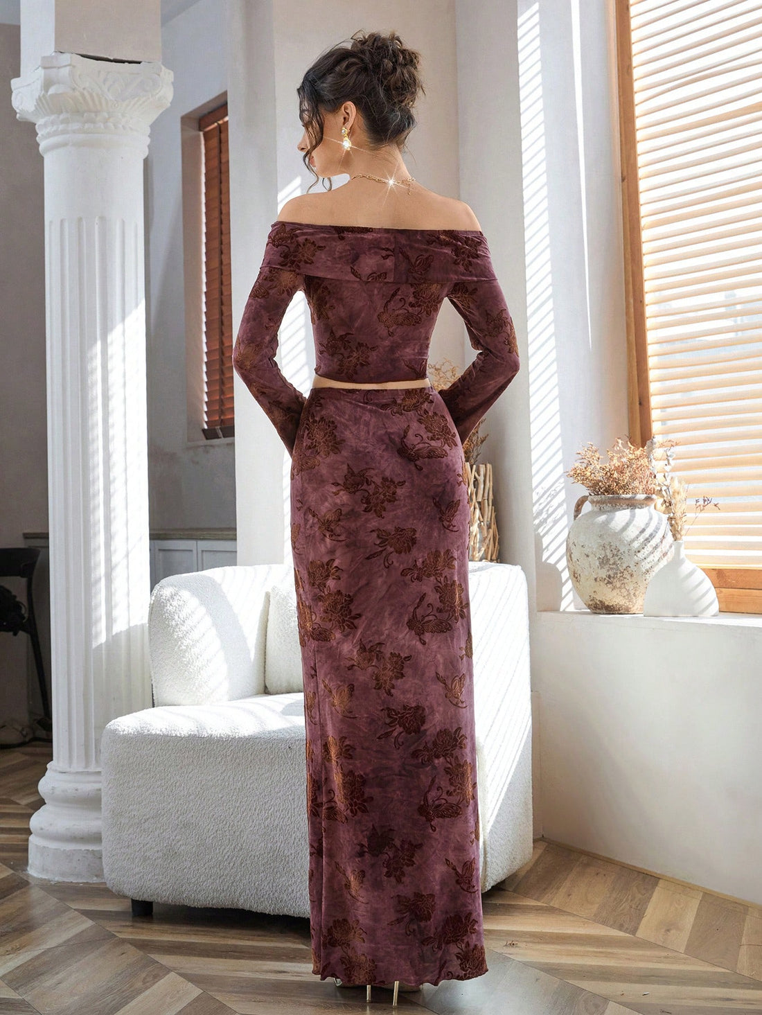 Embrace the season with this stunning two-piece set that effortlessly transitions from brunch to evening plans. The V-neck ruched top flatters your silhouette while the flowing A-line maxi skirt moves beautifully with every step. Featuring an enchanting dry leaf print that captures autumn's magic, this set brings warmth and sophistication to your wardrobe. Mix and match the pieces for endless styling possibilities, or wear them together for an instantly polished look. Perfect for those moments when you want