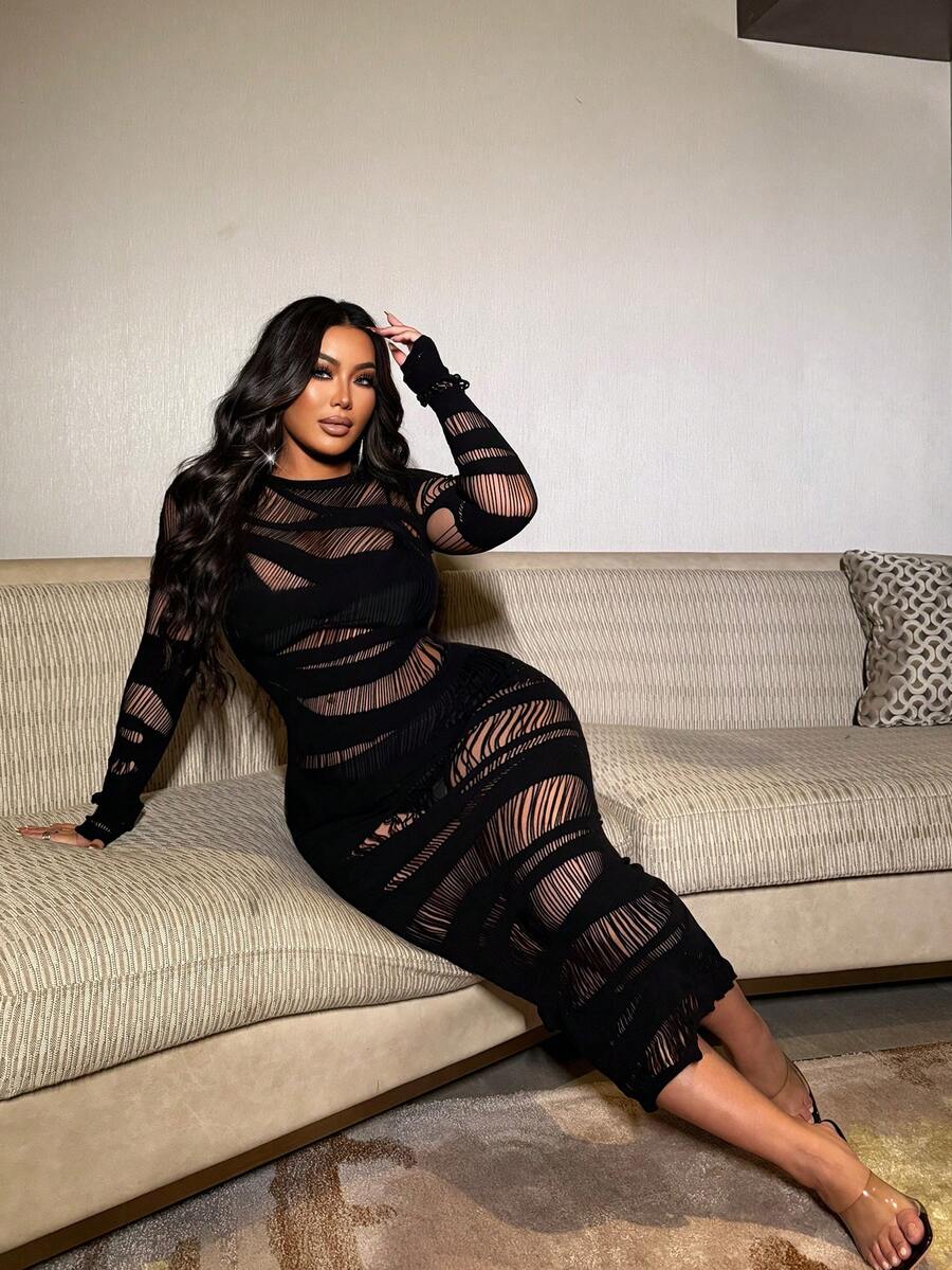 Image 1 - front view of Plus Size Sexy Long Sleeve Hollow Out Dress for Women - NU NOW Collection