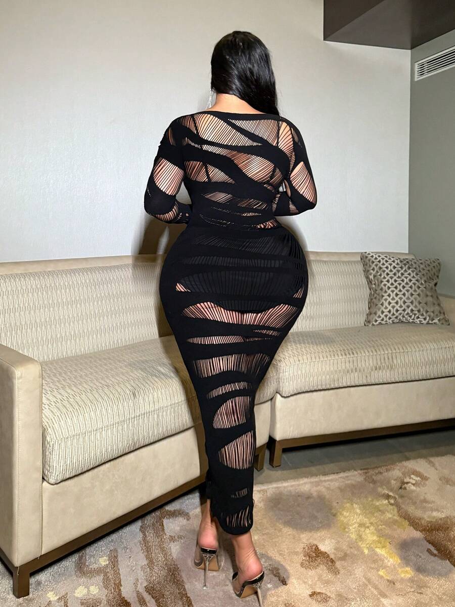 Image 3 - back view of Plus Size Sexy Long Sleeve Hollow Out Dress for Women - NU NOW Collection