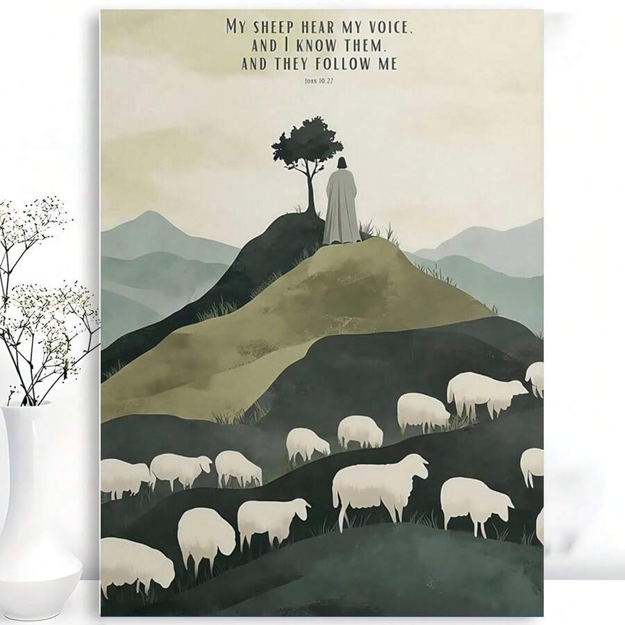 Front view of framed Good Shepherd canvas with John 10:27 verse and sheep on sage hills