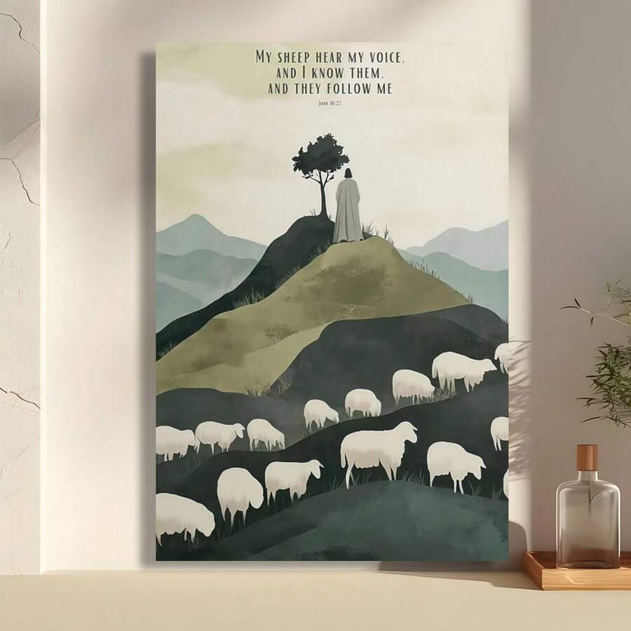 Front view of framed Good Shepherd canvas with John 10:27 verse and sheep on sage hills