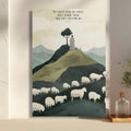 Framed John 10:27 shepherd canvas displayed on a light interior wall