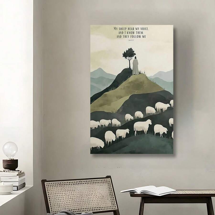 Good Shepherd Bible verse canvas above a desk and chair in a neutral room