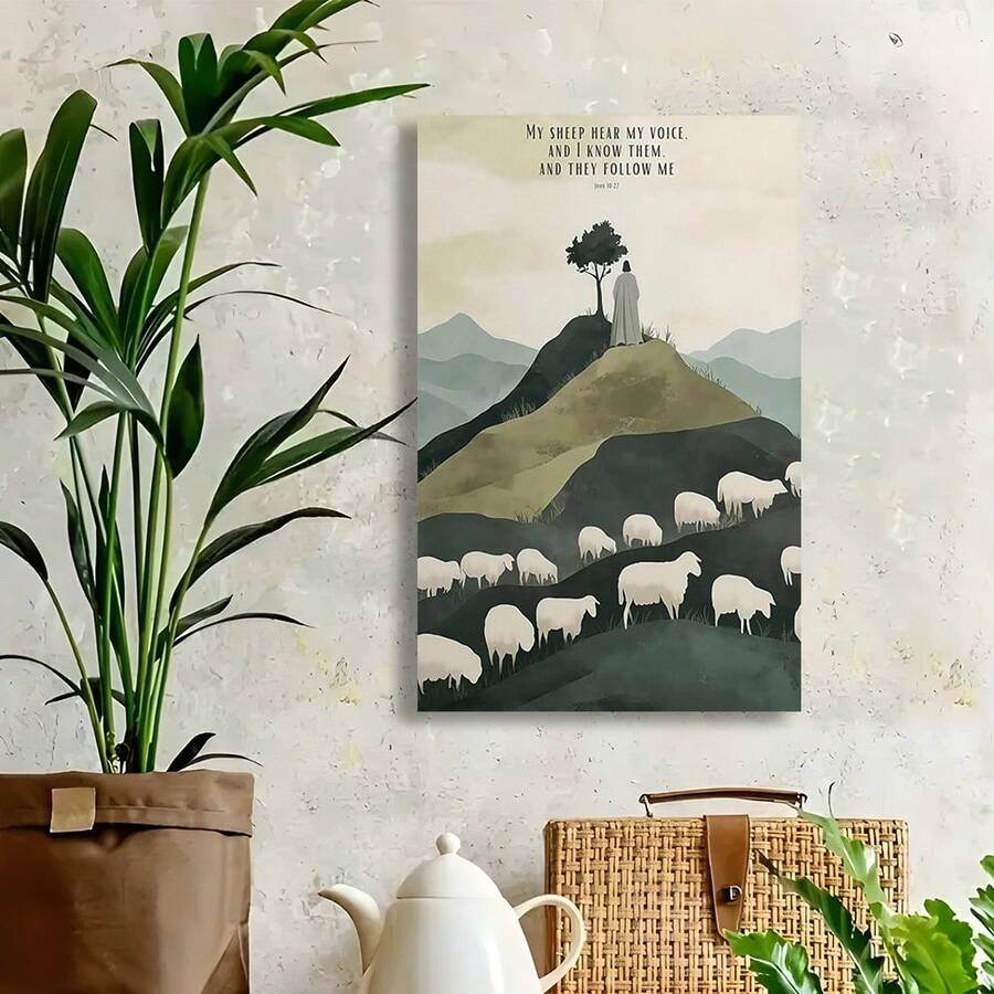 Christian shepherd canvas wall art shown beside a potted plant and woven decor