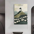 Framed scripture canvas on a plain wall showing shepherd, tree and flock