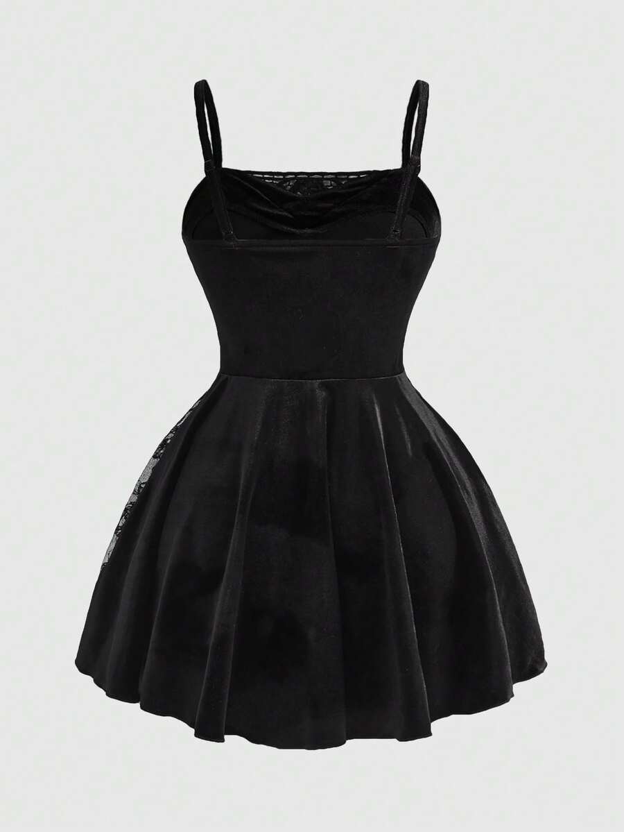 Black velvet slip dress with floral lace bodice detail