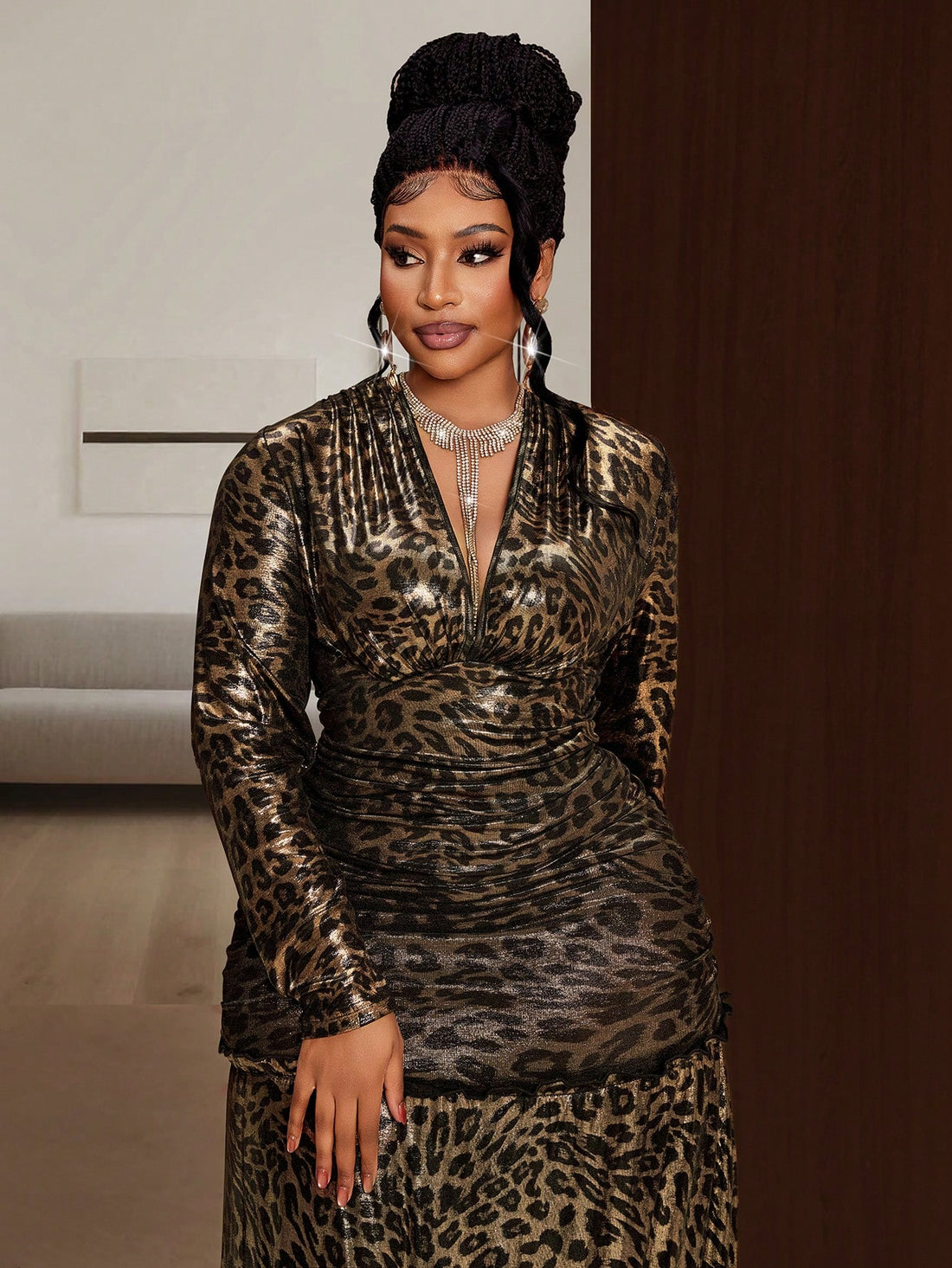 Turn heads at your next celebration in this stunning plus-size bodycon dress. The bold Christmas red base pairs beautifully with a fierce leopard print, while the deep V-neckline adds an undeniable touch of allure. Designed to hug your curves in all the right ways, this dress delivers confidence and glamour for holiday parties, nights out, or any occasion calling for serious style. Make a statement that's impossible to ignore.