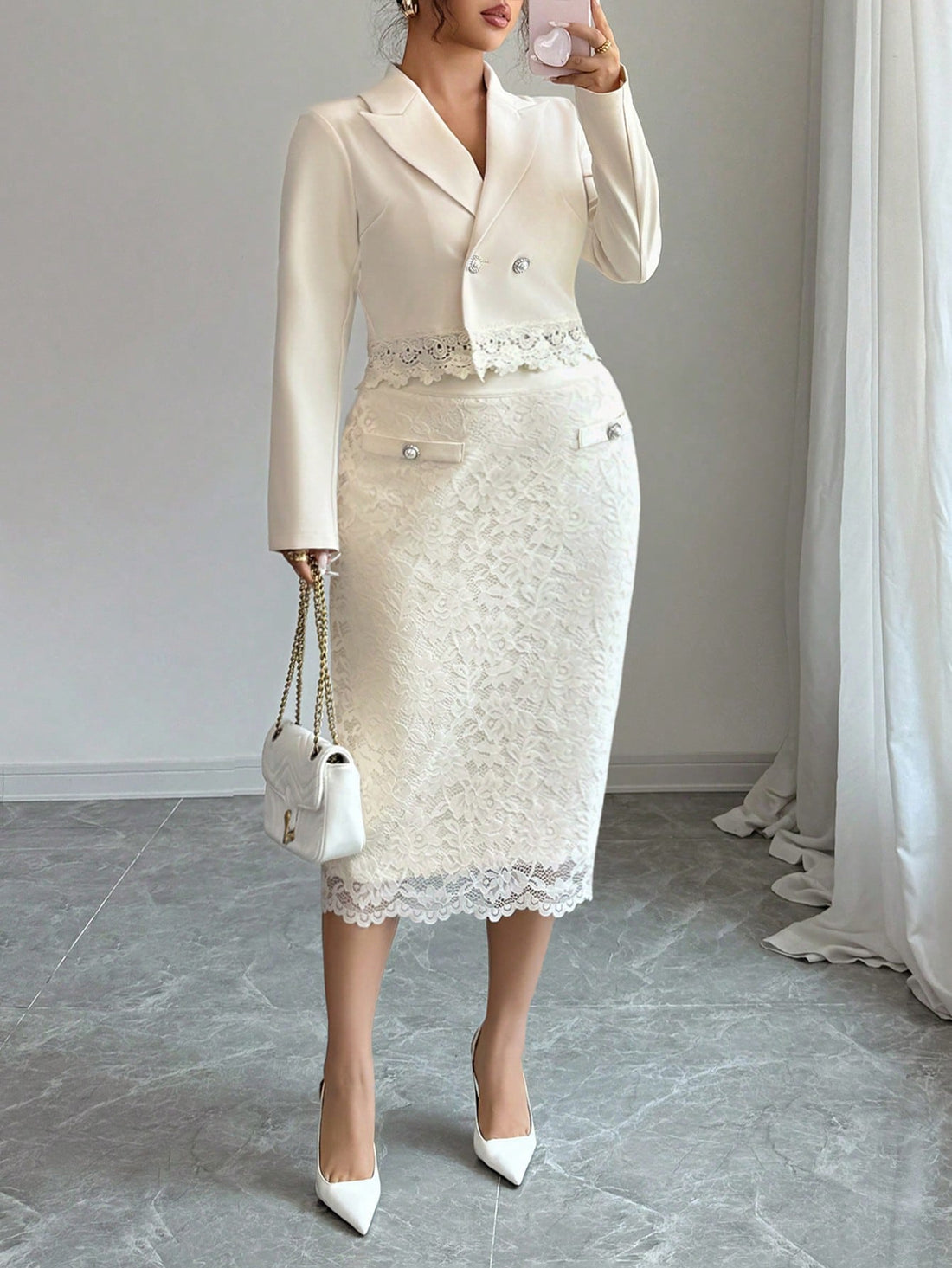 Step into sophistication with this stunning two-piece set that proves elegance has no size limit! The apricot blazer features charming lace button details that add a touch of whimsy, while the coordinating midi skirt creates a polished silhouette perfect for brunch dates, office events, or whenever you want to feel fabulous. The warm apricot tone flatters beautifully and pairs effortlessly with your favorite accessories. Comfortable, chic, and unapologetically you—this set is your new go-to for making an un