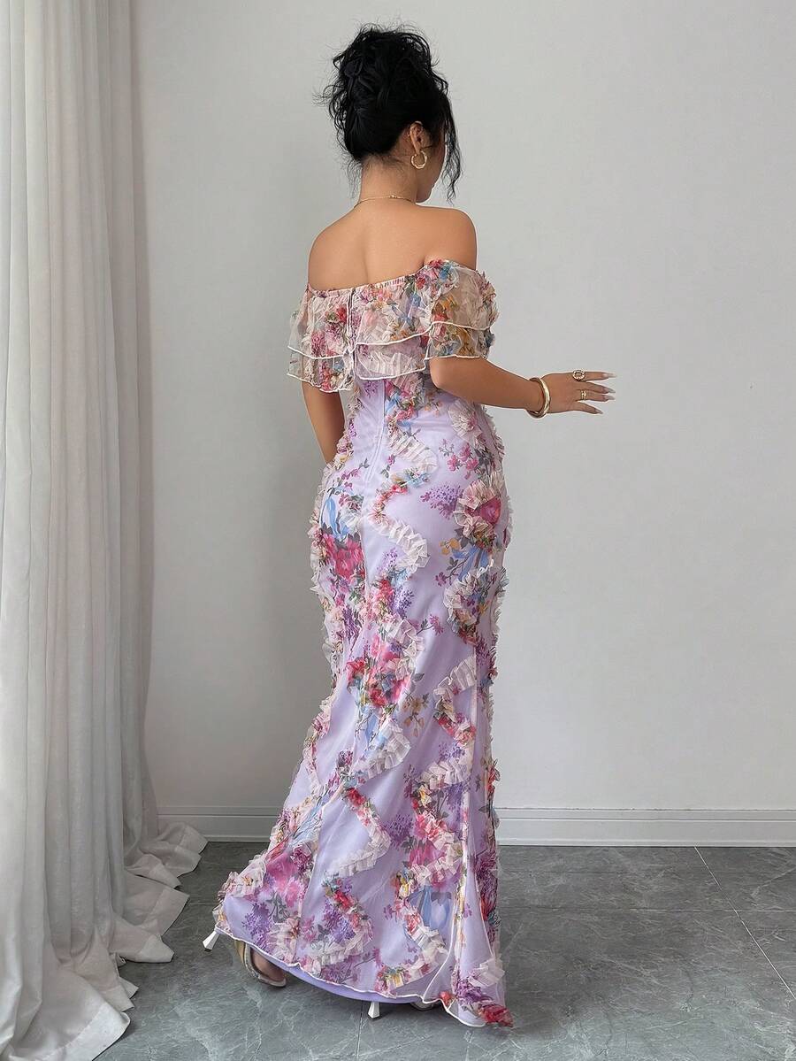 Escape into romance with this stunning off-shoulder dress that's equal parts elegant and enchanting. Delicate mesh layers dance across a gorgeous floral print, while playful ruffles frame your shoulders for that perfect "swoon-worthy" moment. The fitted silhouette flatters your curves beautifully, making it ideal for date nights, garden parties, or any occasion calling for a touch of whimsy. Slip it on and let the compliments flow—this dress is basically a confidence boost wrapped in fabric.