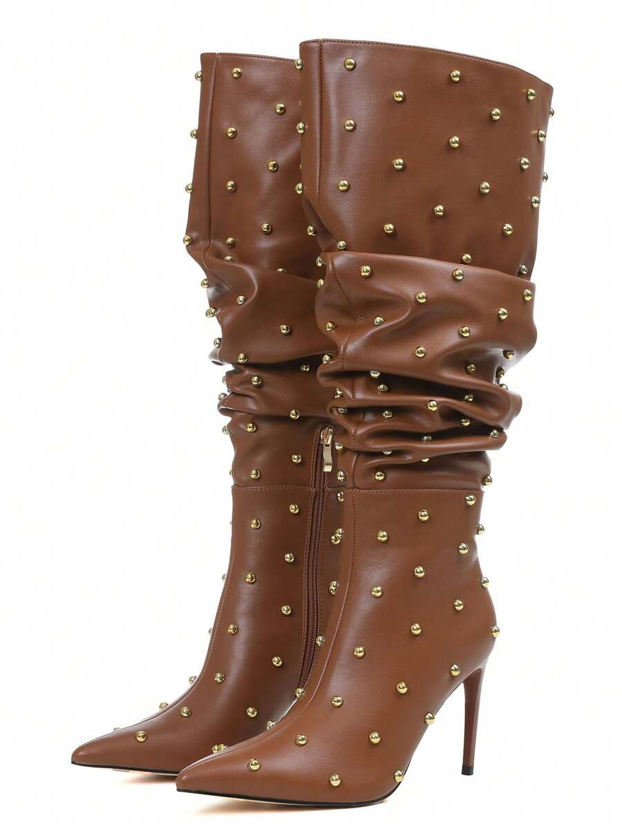 Side view of Women’s Over The Knee Stiletto Boots - Punk Style Pointed Toe with Ruched Slouchy Design for Fall & Winter Fashion for knee high boot styling