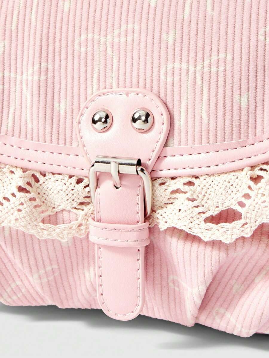 Pink kawaii baguette shoulder bag with rounded bottom and adjustable strap