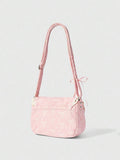 Back view of pink corduroy shoulder bag with slip pocket