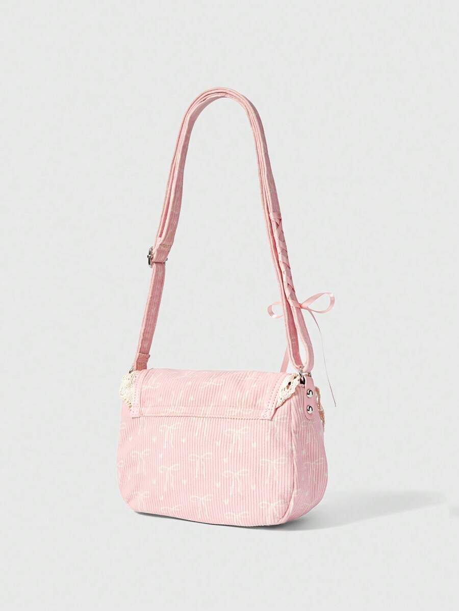 Back view of pink corduroy shoulder bag with slip pocket