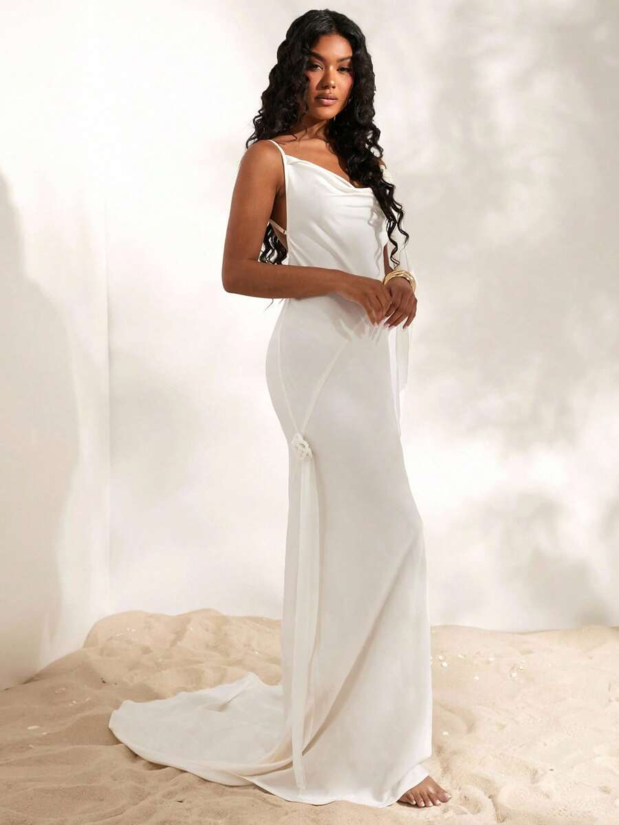 White floor length cowl neck dress with slight train