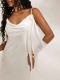 Elegant white satin maxi gown side view with draped scarf accent