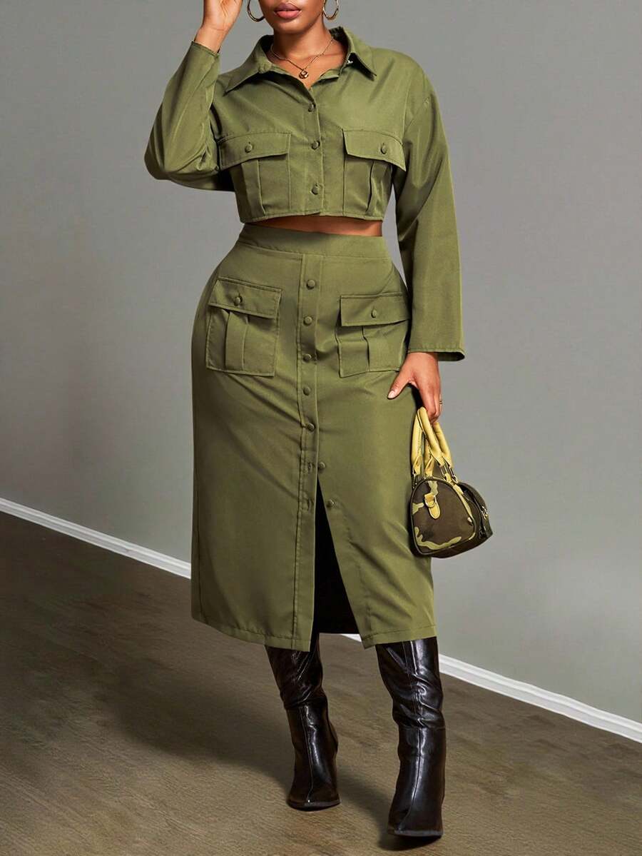 Elevate your seasonal wardrobe with this versatile 2-piece set featuring a cropped utility shirt and coordinating skirt. The button-front shirt showcases practical pockets and a classic baseball collar, while the long skirt offers a balanced silhouette. Crafted from 100% polyester woven fabric, this comfortable ensemble transitions seamlessly from festivals and night outs to everyday wear. Perfect for creating effortless, on-trend looks that work for any occasion—from casual days to special events. Machine 