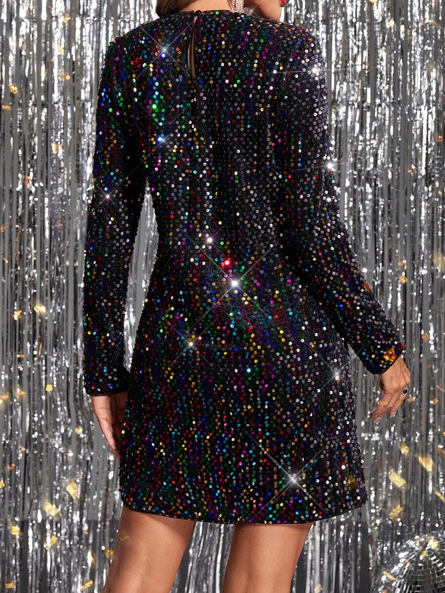 Back view of black multicolor sequin dress with keyhole closure