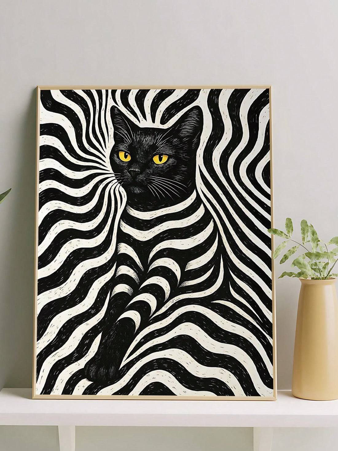 Mesmerize your walls with this mind-bending feline masterpiece! Our striped cat optical illusion canvas plays tricks on your eyes with bold black and white patterns that seem to shift and dance. Perfect for adding personality to bedrooms, living rooms, offices, or dorm spaces, this contemporary art piece sparks conversation and brings instant visual intrigue. Whether you're a cat lover, art enthusiast, or optical illusion fan, this stylish canvas transforms any room into a gallery-worthy space. A playful st