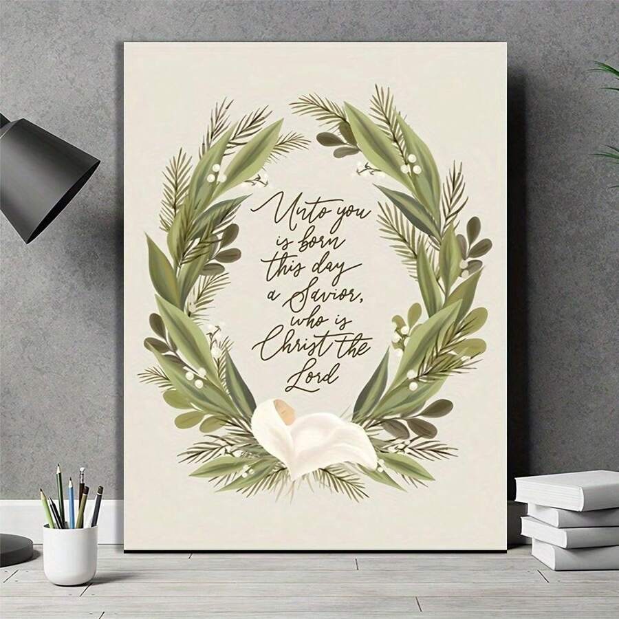 Christian Savior verse canvas art in a gray home office