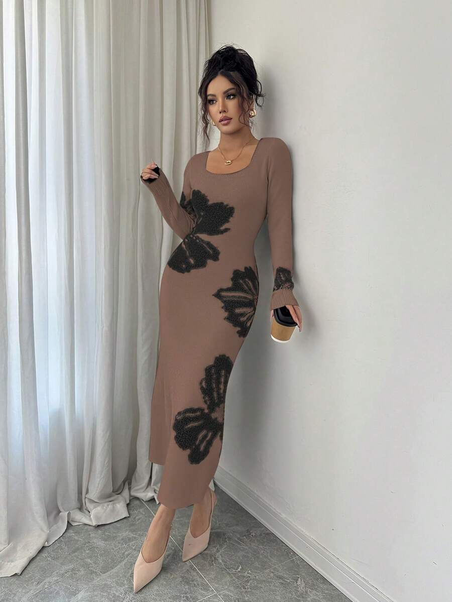 Front full view of taupe and black floral square-neck bodycon knit midi dress with long sleeves