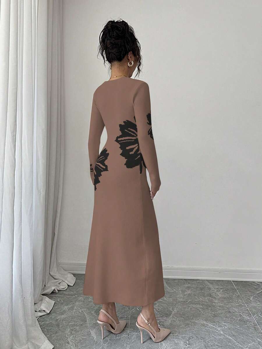 Back full view of taupe and black floral slim-fit knit midi dress with subtly flared hem