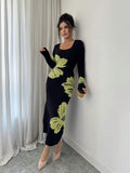 Front full view of black and pale lime floral square-neck bodycon knit midi dress with long sleeves