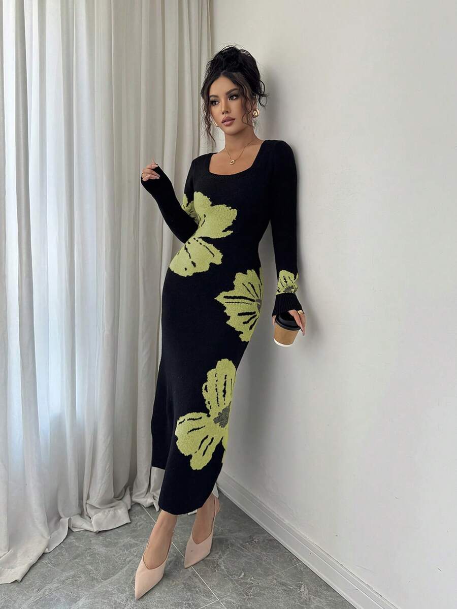 Front full view of black and pale lime floral square-neck bodycon knit midi dress with long sleeves