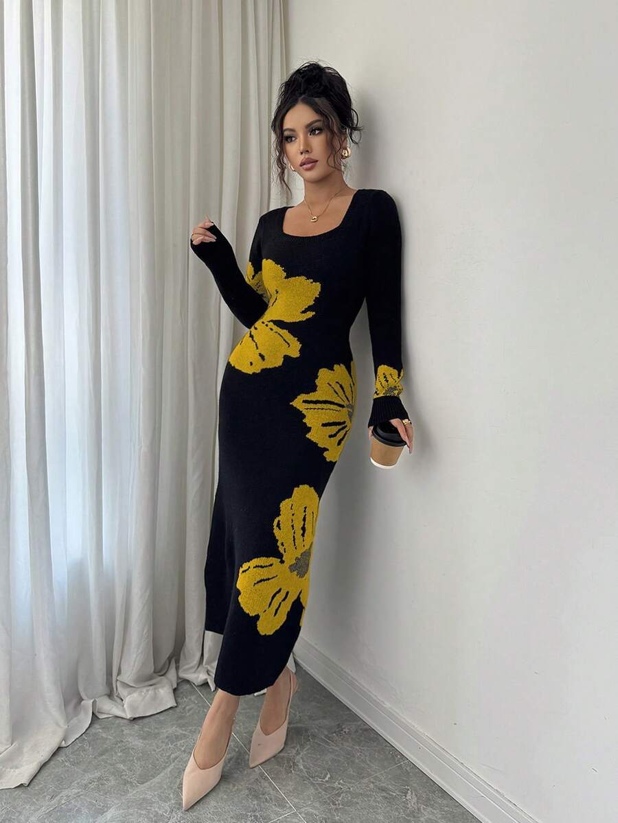 Front full view of black and mustard floral square-neck bodycon knit midi dress with long sleeves