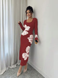 Front full view of burgundy and white floral square-neck bodycon knit midi dress with long sleeves