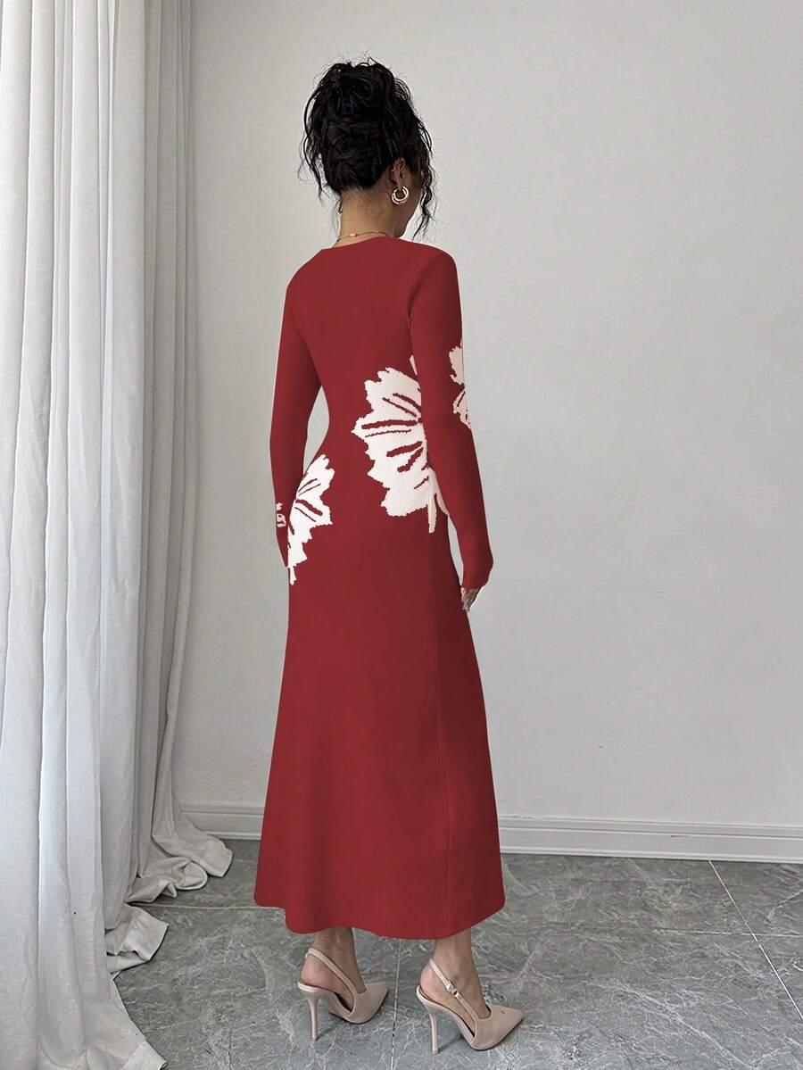 Back full view of burgundy and white floral slim-fit knit midi dress with subtly flared hem