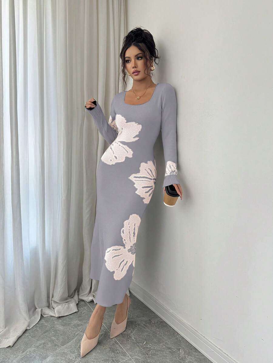 Front full view of light grey and cream floral square-neck bodycon knit midi dress with long sleeves