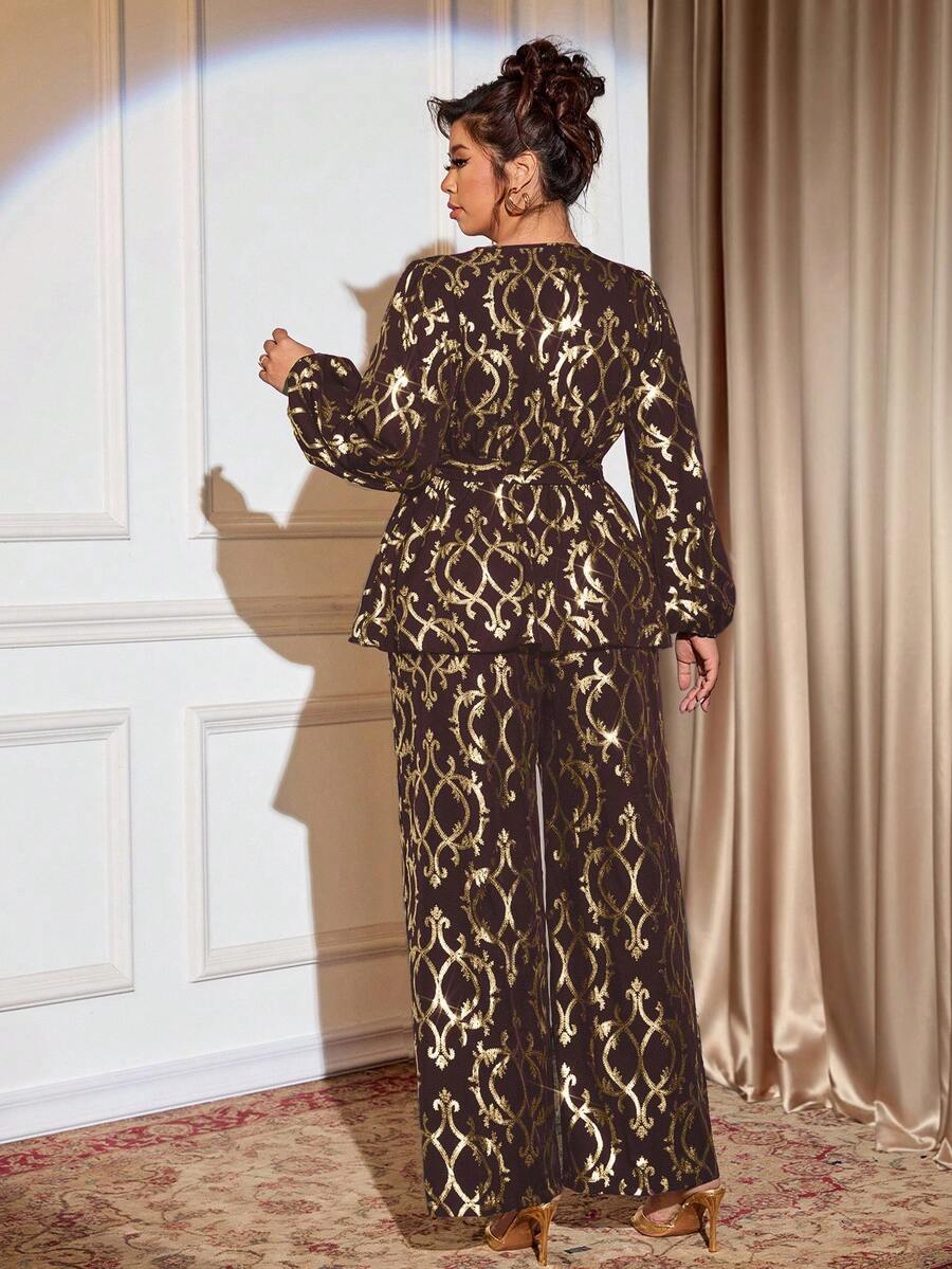 Step into sophistication with this stunning two-piece set that celebrates your curves in style. The vintage-inspired gold foil print adds a touch of glamour, while the flattering V-neck tie-up shirt creates an effortlessly chic silhouette. Pair it with the comfortable elastic waist pants for an outfit that moves with you all day long. Perfect for date nights, brunch dates, or whenever you want to feel absolutely fabulous. Because looking good should feel just as amazing as it looks.