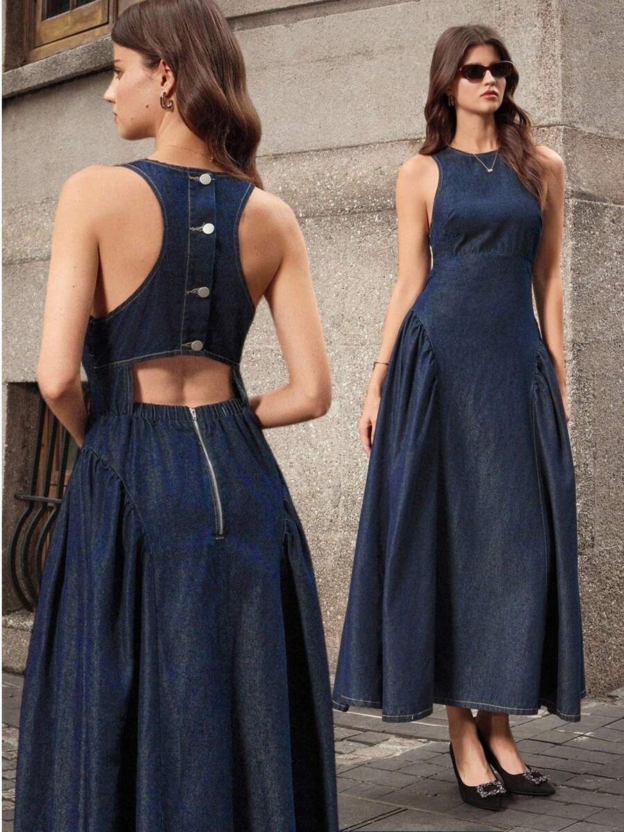 Full front view of dark-indigo sleeveless denim maxi dress with fitted bodice and flared skirt