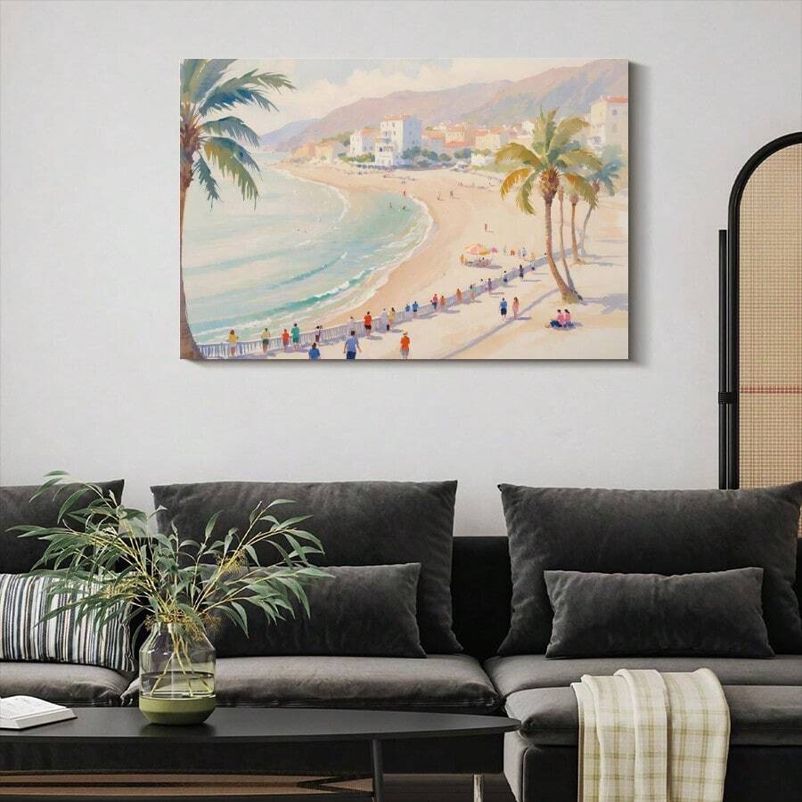 Wall view of pastel coastal beach canvas art with palm trees and ocean near plant