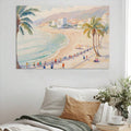 Bedroom view of pastel seaside canvas wall art above white pillows