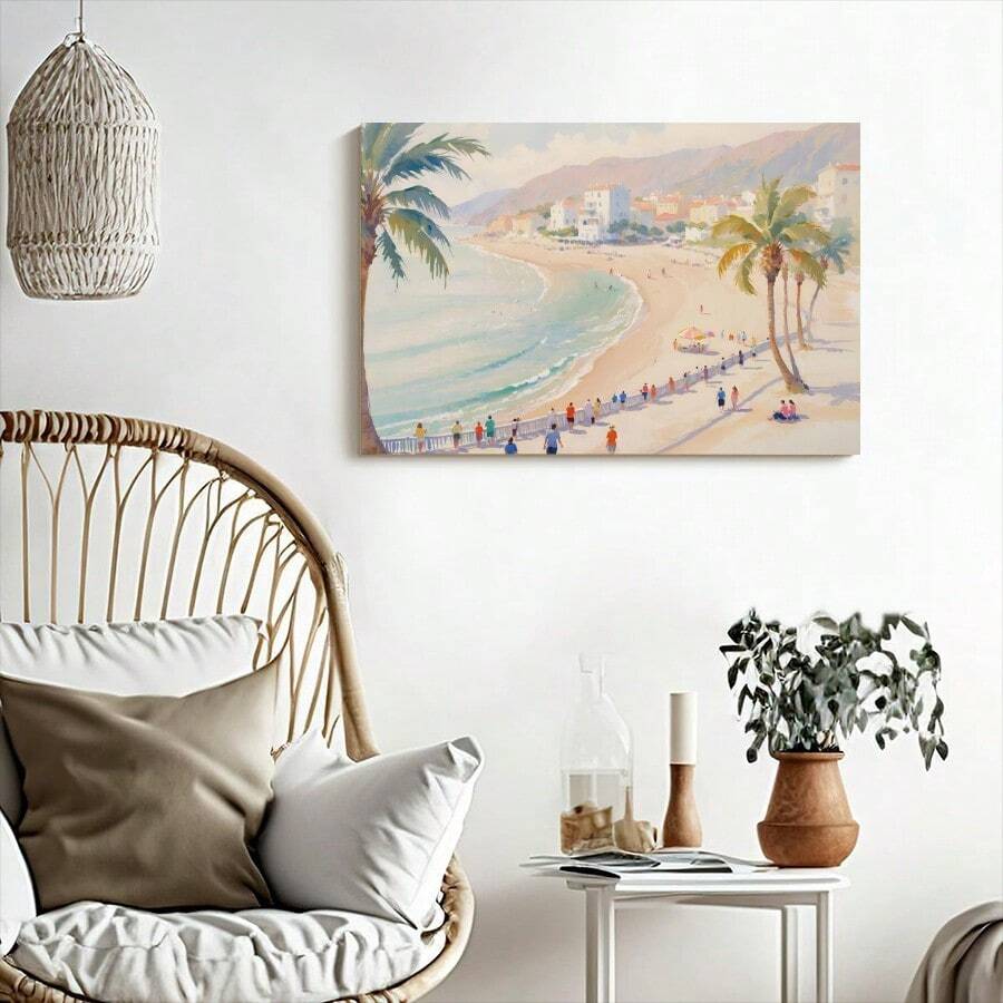 Boho room view of coastal beach wall art above rattan chair