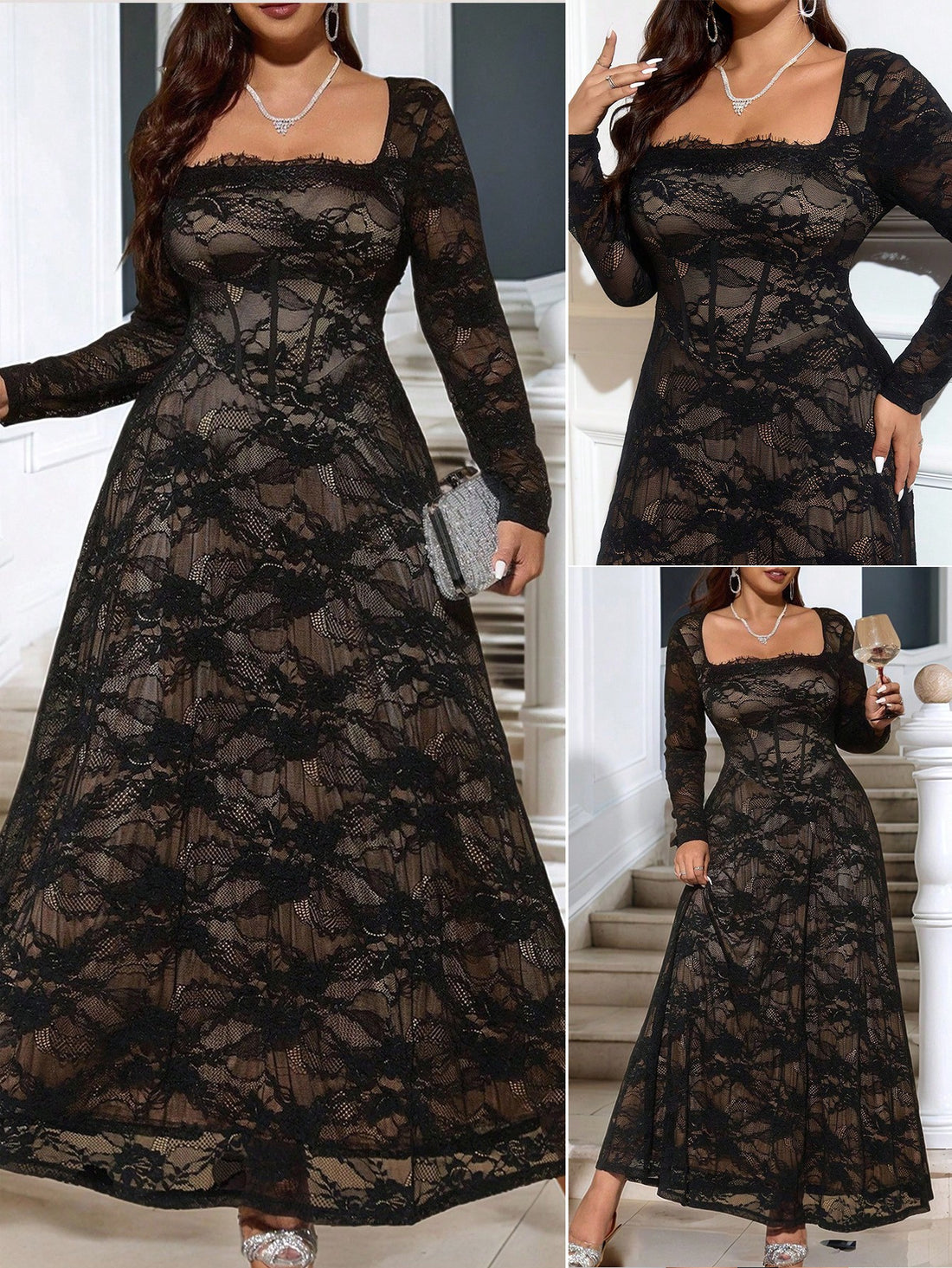 Slip into sophistication with this stunning black lace dress designed to celebrate your curves. Featuring delicate lace detailing and a flattering silhouette, this versatile piece transitions seamlessly from cocktail parties to weddings and beyond. The elegant black hue pairs with everything in your closet, while the thoughtful construction ensures comfort and confidence all night long. Whether you're dancing at a celebration or making an entrance at a special event, this dress is your go-to for turning hea