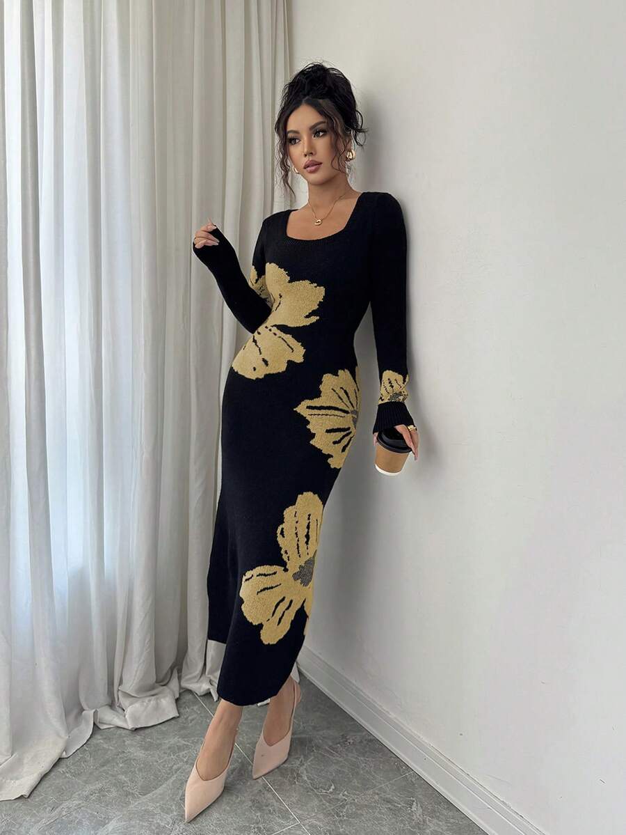 Front full view of black and beige floral square-neck bodycon knit midi dress with long sleeves