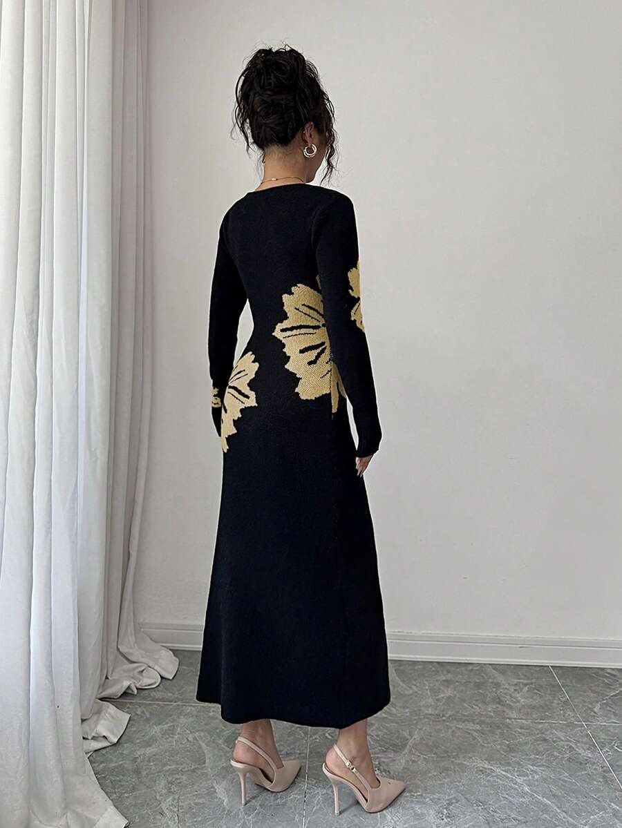 Back full view of black and beige floral slim-fit knit midi dress with subtly flared hem