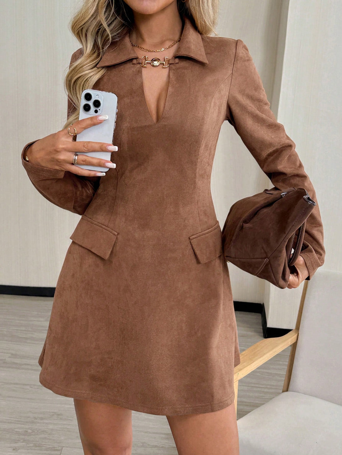 Elevate your office wardrobe with this chic A-line dress that's equal parts polished and fun! The flattering V-neck silhouette pairs beautifully with eye-catching metal decor collars that add just the right amount of personality to your professional look. Perfect for autumn and winter, this dress transitions seamlessly from boardroom meetings to after-work gatherings. The structured A-line cut ensures comfort and confidence all day long, while the metallic collar details give you that "I woke up fabulous" v