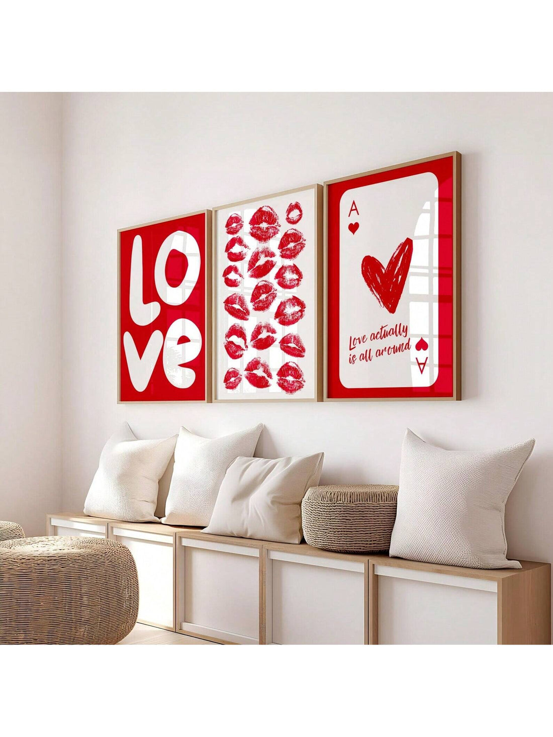 Spread the love with this charming 3-piece wall art set that brings playful romance to any room. Featuring a bold red heart and a cheeky ace of hearts design, this modern collection captures the spirit of love in a fun, unexpected way. Perfect for Valentine's Day decorating or year-round affection, these pieces work beautifully together or mixed throughout your space. Whether you're a hopeless romantic or just love a pop of color, this set adds personality and warmth to your walls. Make your home a love-fil
