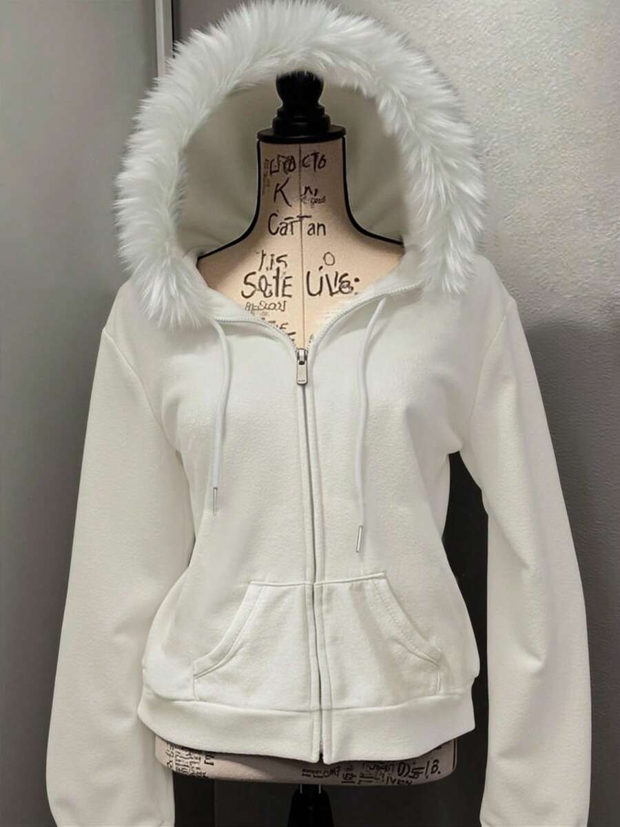Front view of white faux-fur trimmed hooded zip-up jacket with front pockets